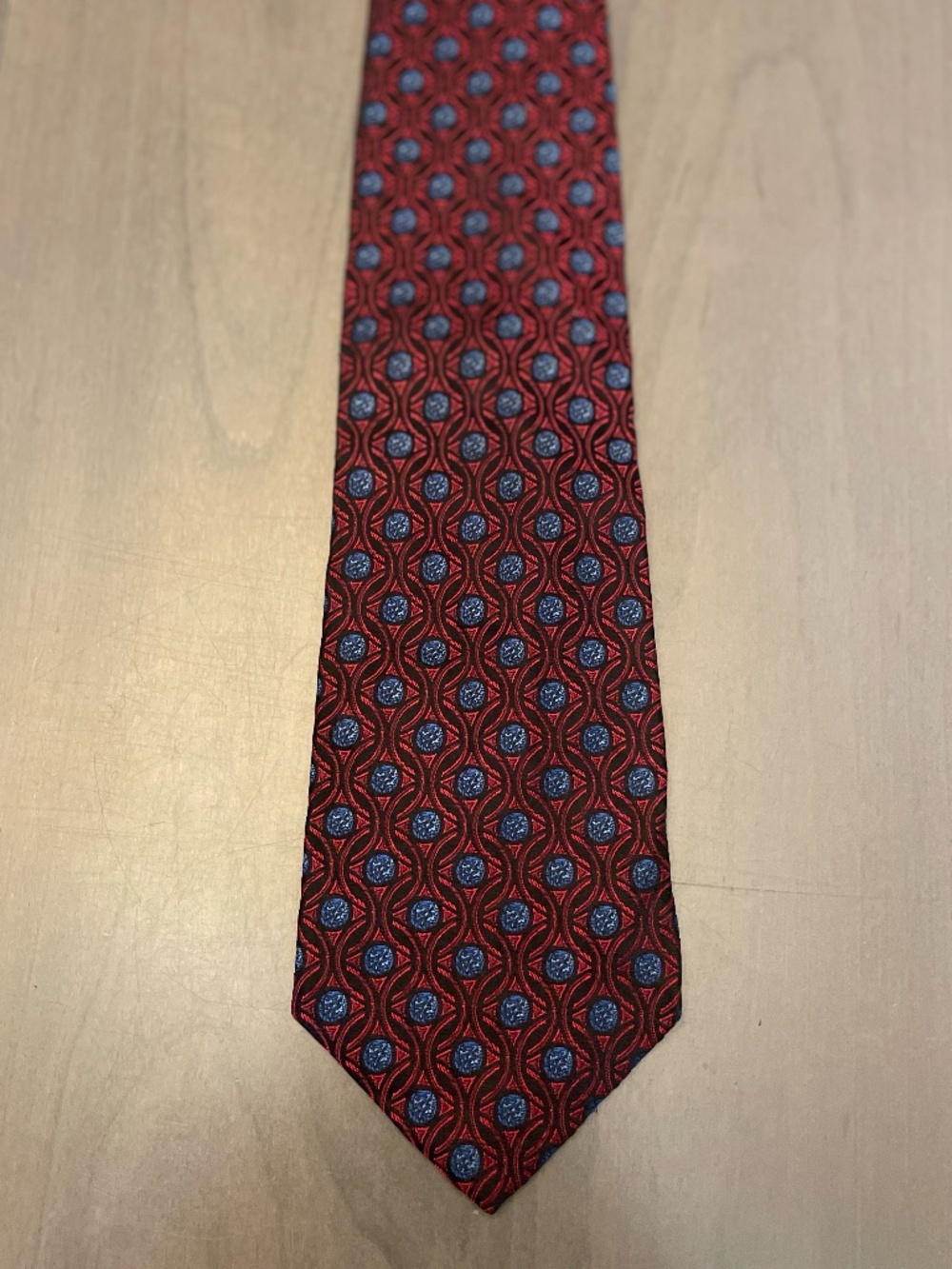 Classic Vintage Faberge Silk Tie - Geometric Red & Blue Pattern; Handmade in USA